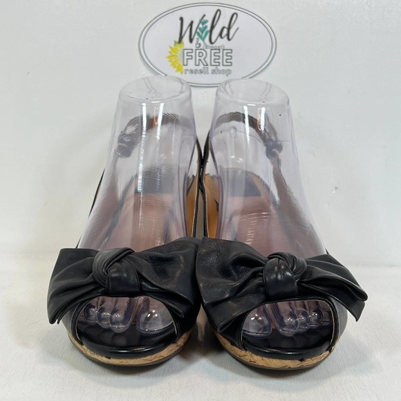 Clarks Bow Peep Toe Cork Wedge platform Heel Sandal- Black Leather -Women 7.5 - Picture 7 of 8